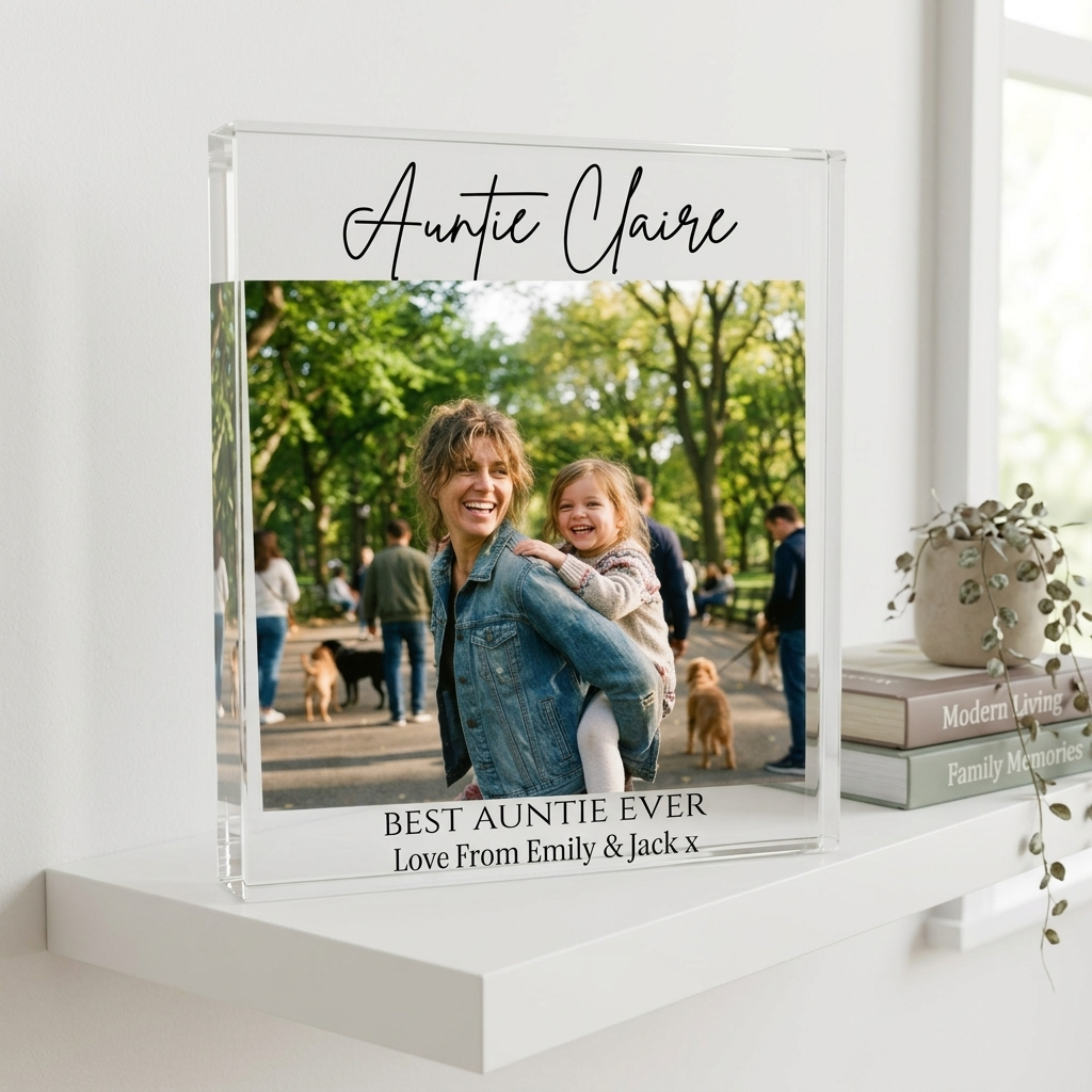 Auntie acrylic photo block on white shelf