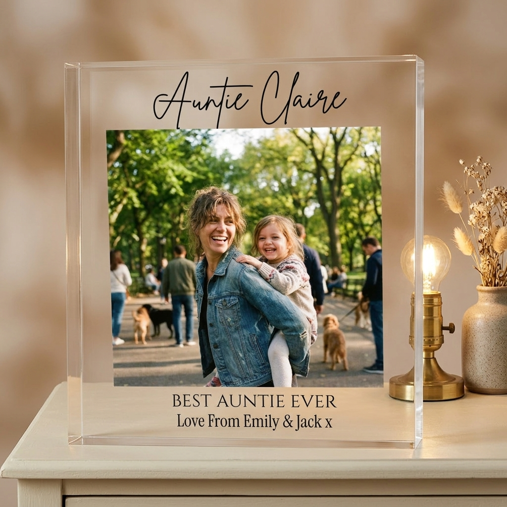 Auntie acrylic photo block on console with lamp