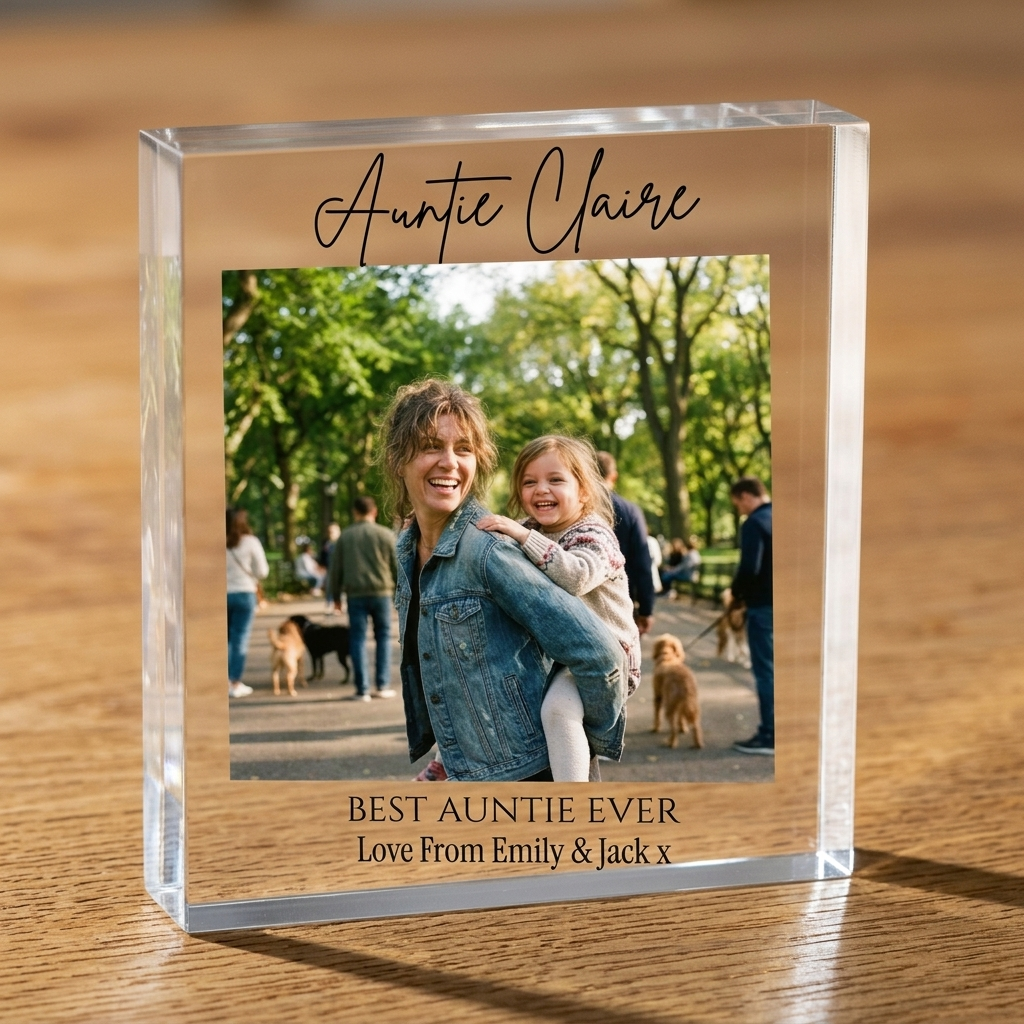 Close-up of Auntie clear acrylic photo block