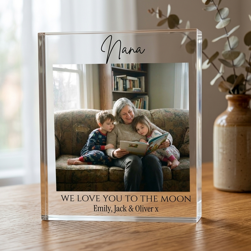 Personalised Nana clear acrylic photo block on oak table