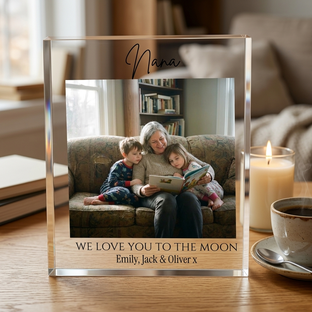 Nana acrylic photo block on desk with candle