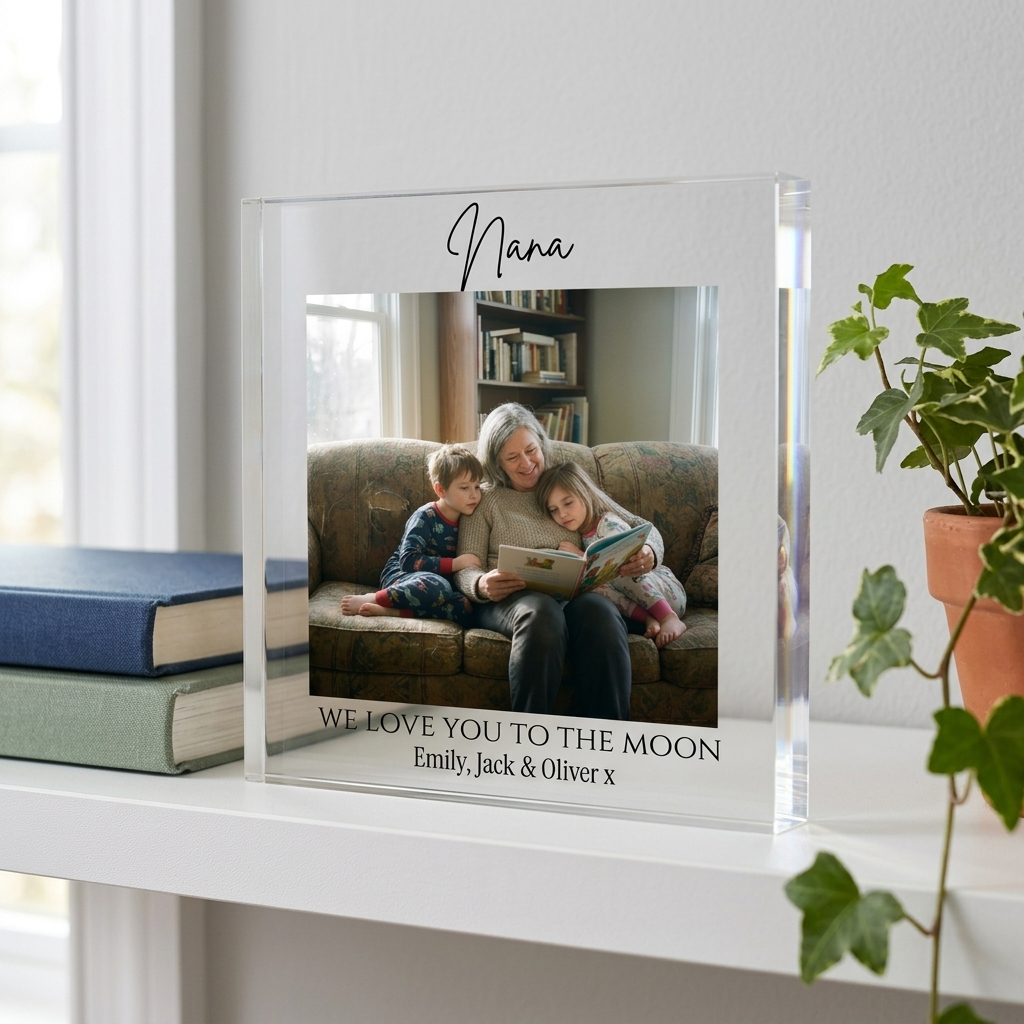 Nana acrylic photo block on white shelf