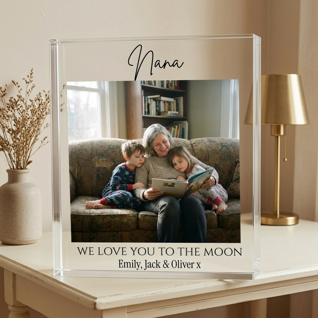 Nana acrylic photo block on console with lamp