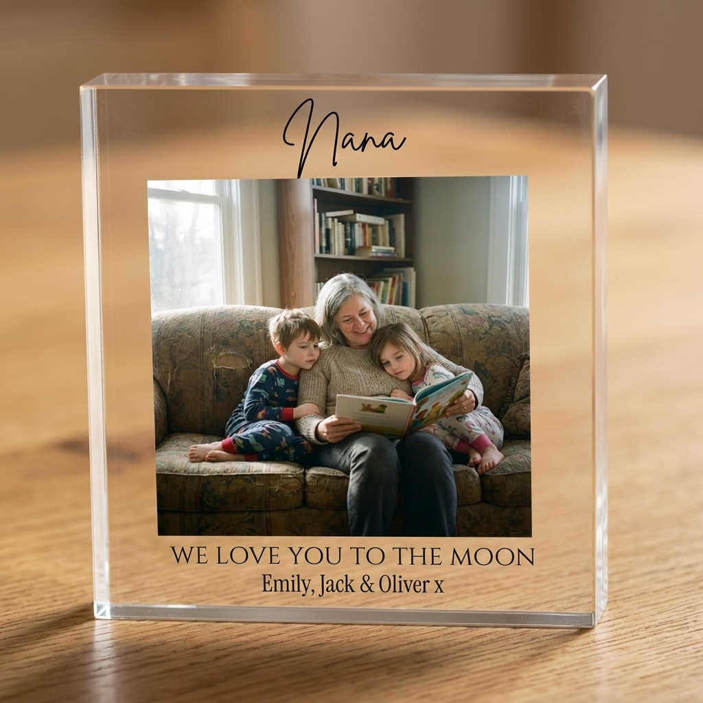 Close-up of Nana clear acrylic photo block