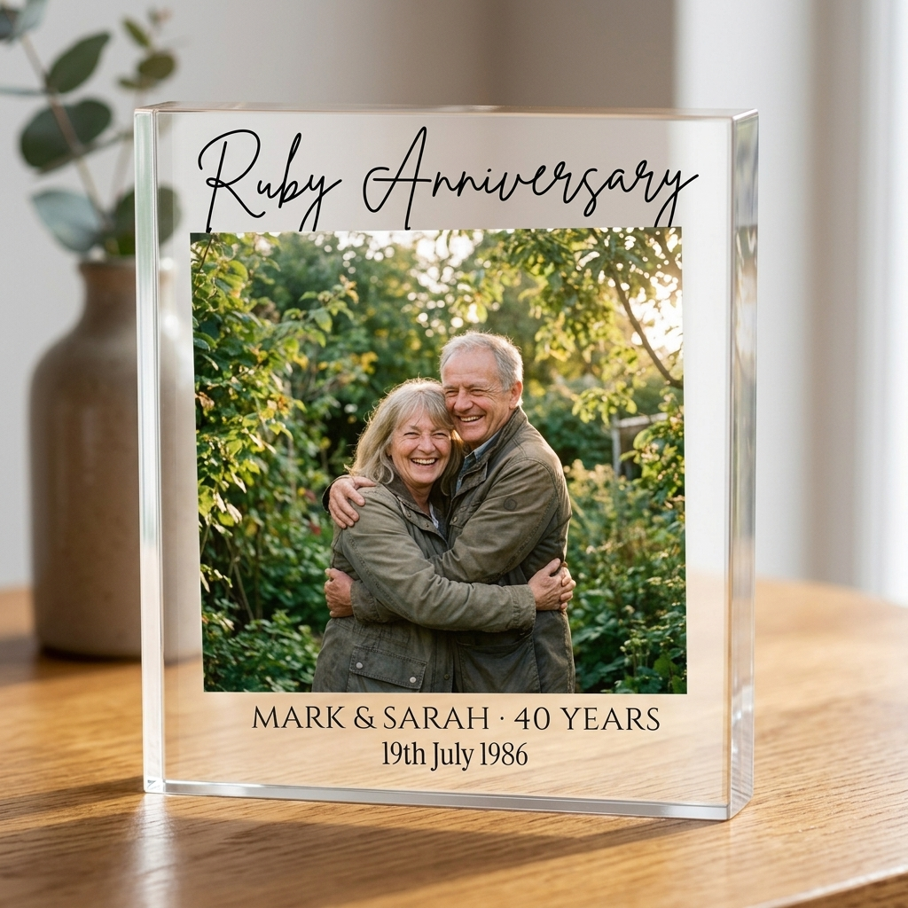 Personalised Ruby Anniversary clear acrylic photo block on oak table