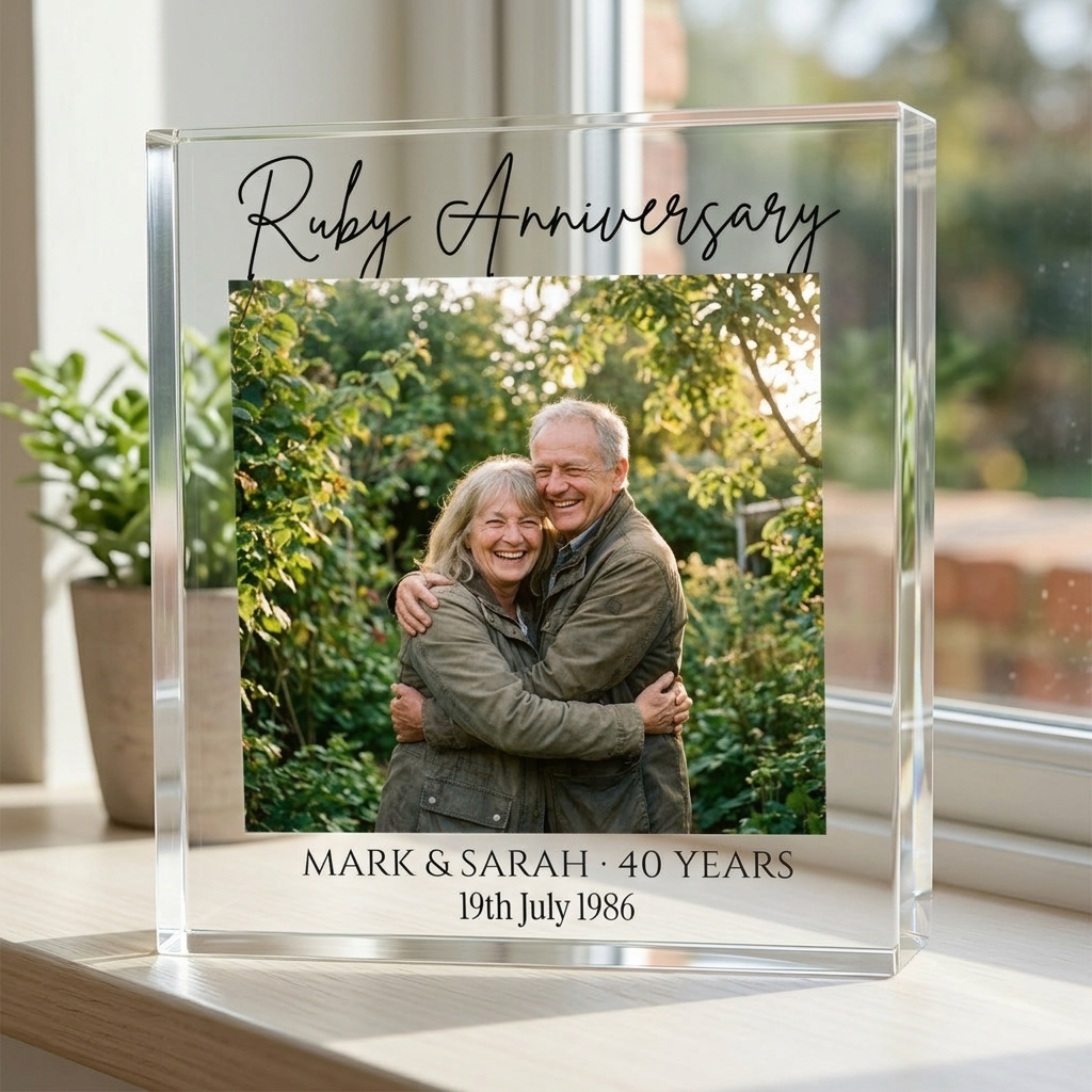Ruby Anniversary acrylic photo block on windowsill