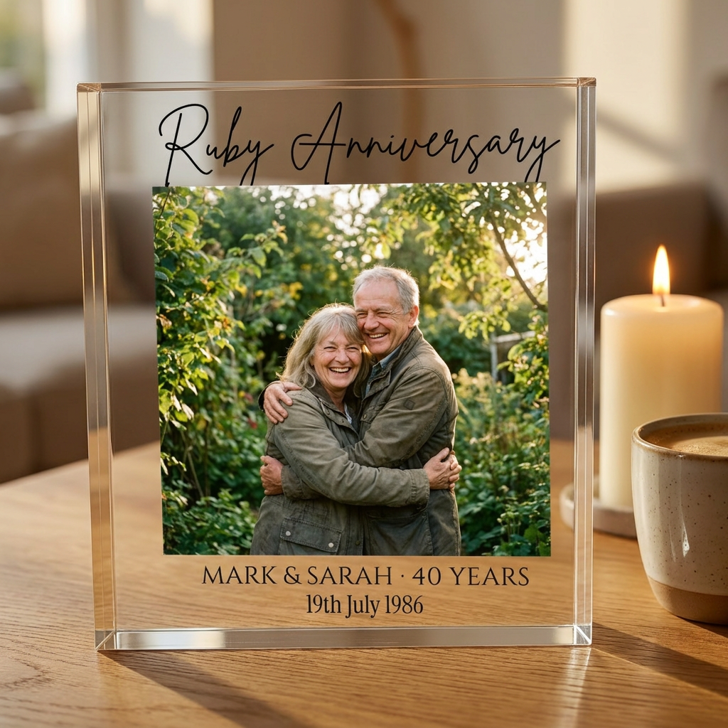 Ruby Anniversary acrylic photo block on desk with candle