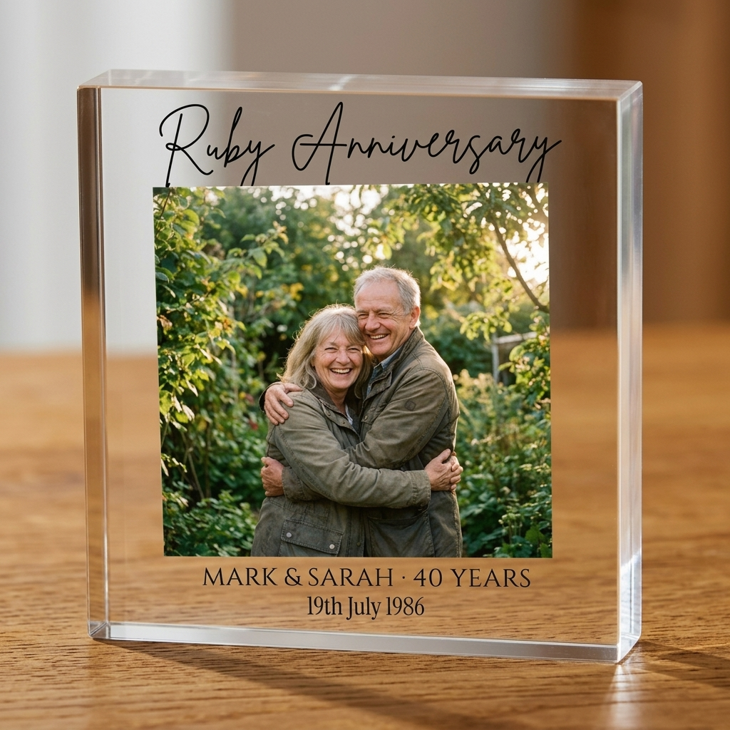 Close-up of Ruby Anniversary clear acrylic photo block
