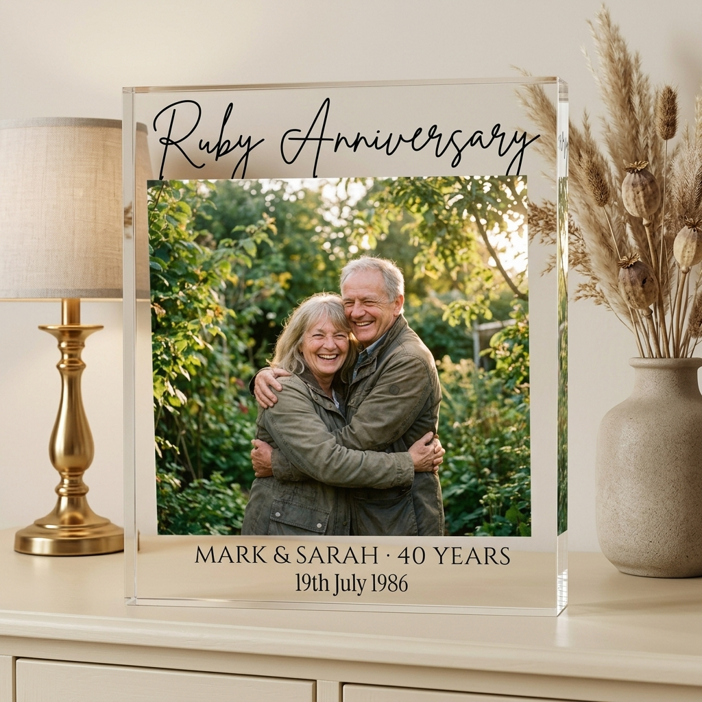 Ruby Anniversary acrylic photo block on console with lamp