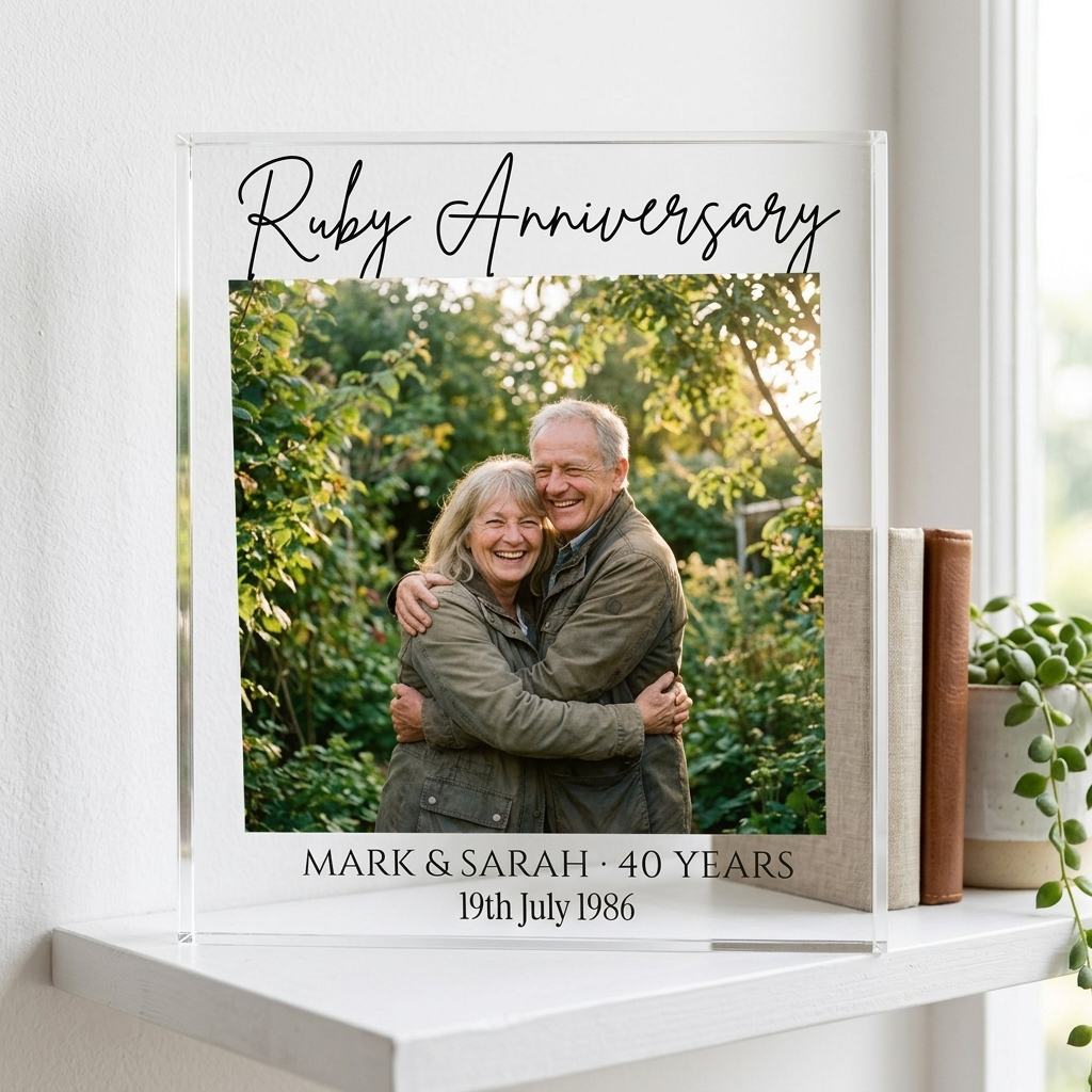 Ruby Anniversary acrylic photo block on white shelf