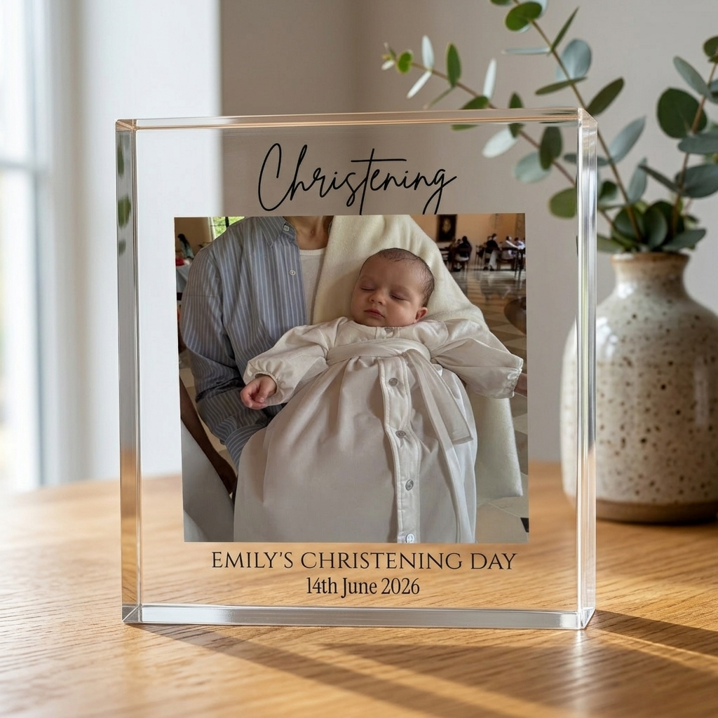 Personalised Christening clear acrylic photo block on oak table