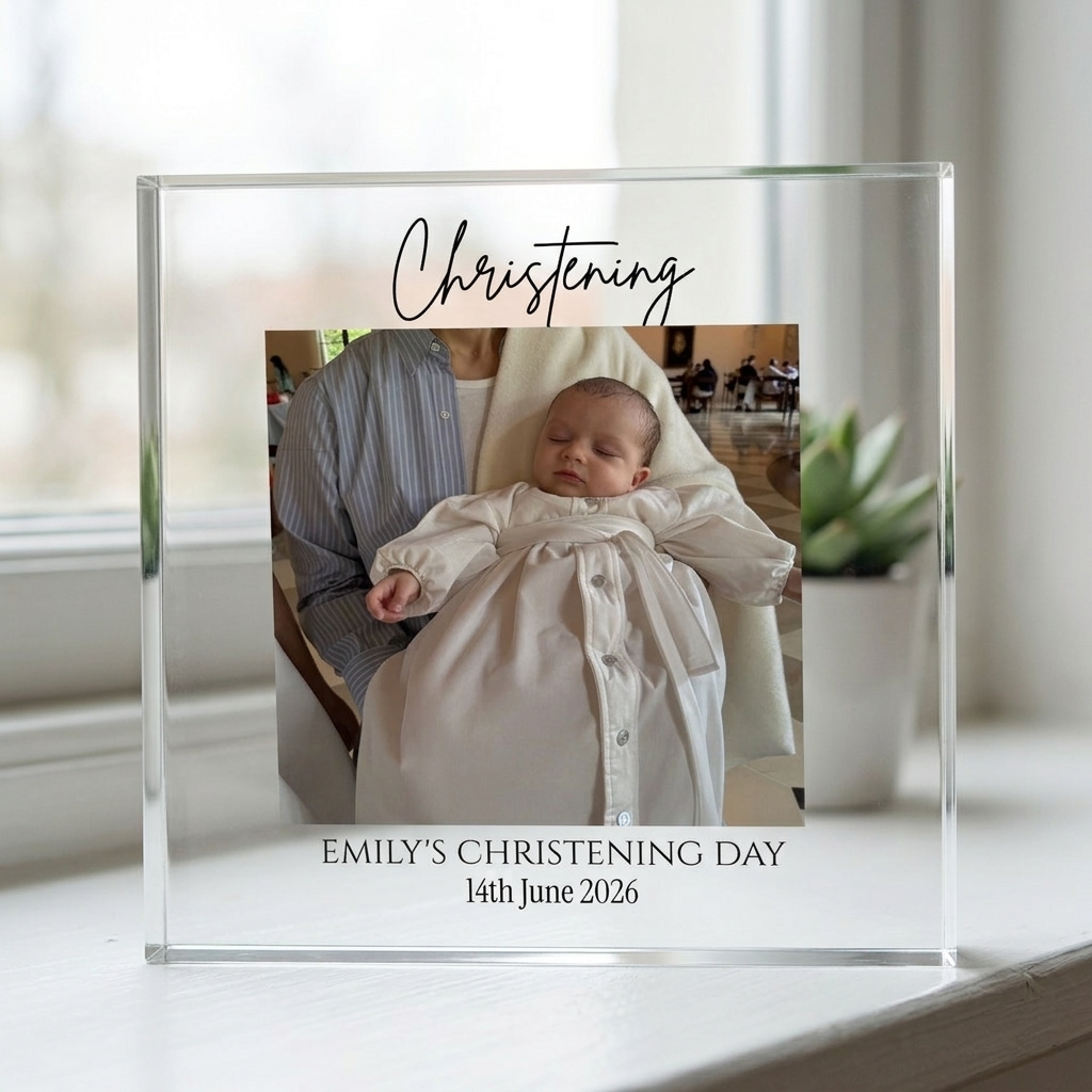 Christening acrylic photo block on windowsill