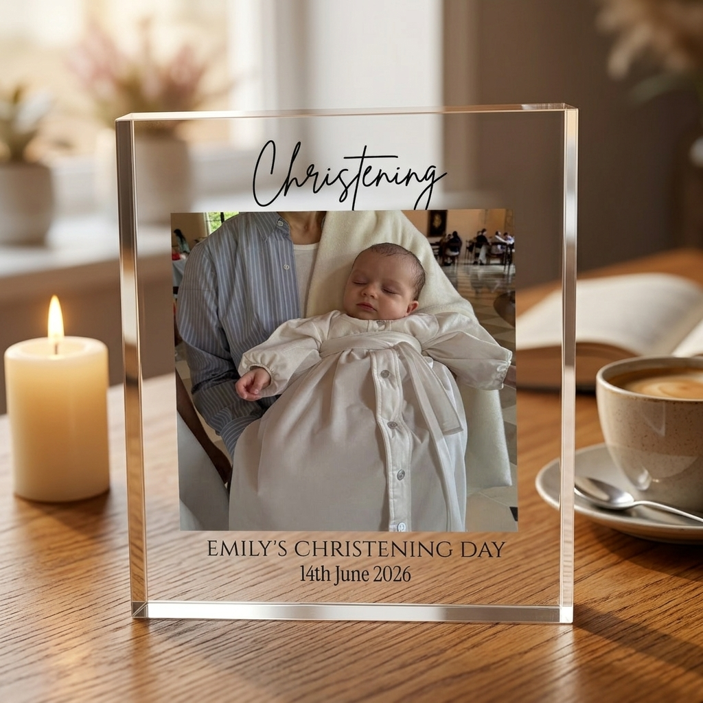 Christening acrylic photo block on desk with candle
