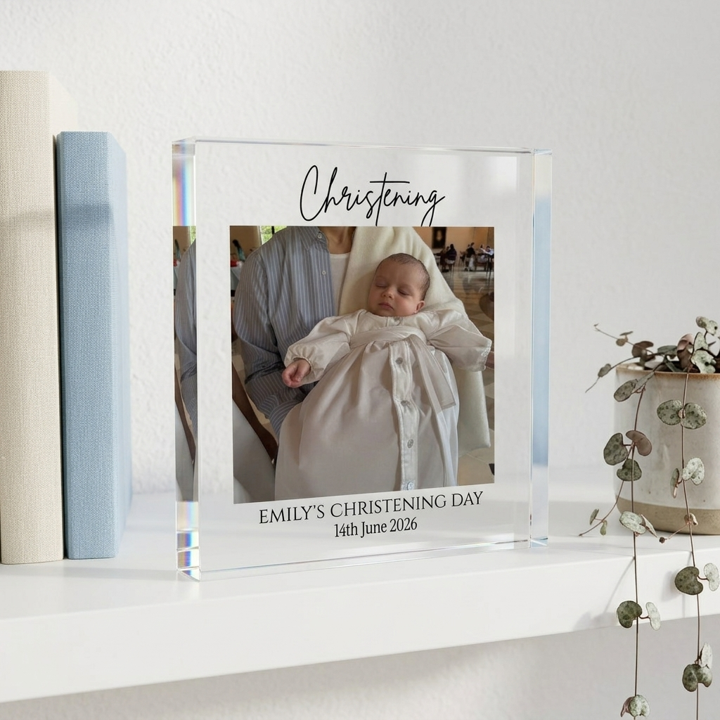 Christening acrylic photo block on white shelf