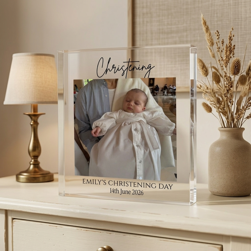 Christening acrylic photo block on console with lamp
