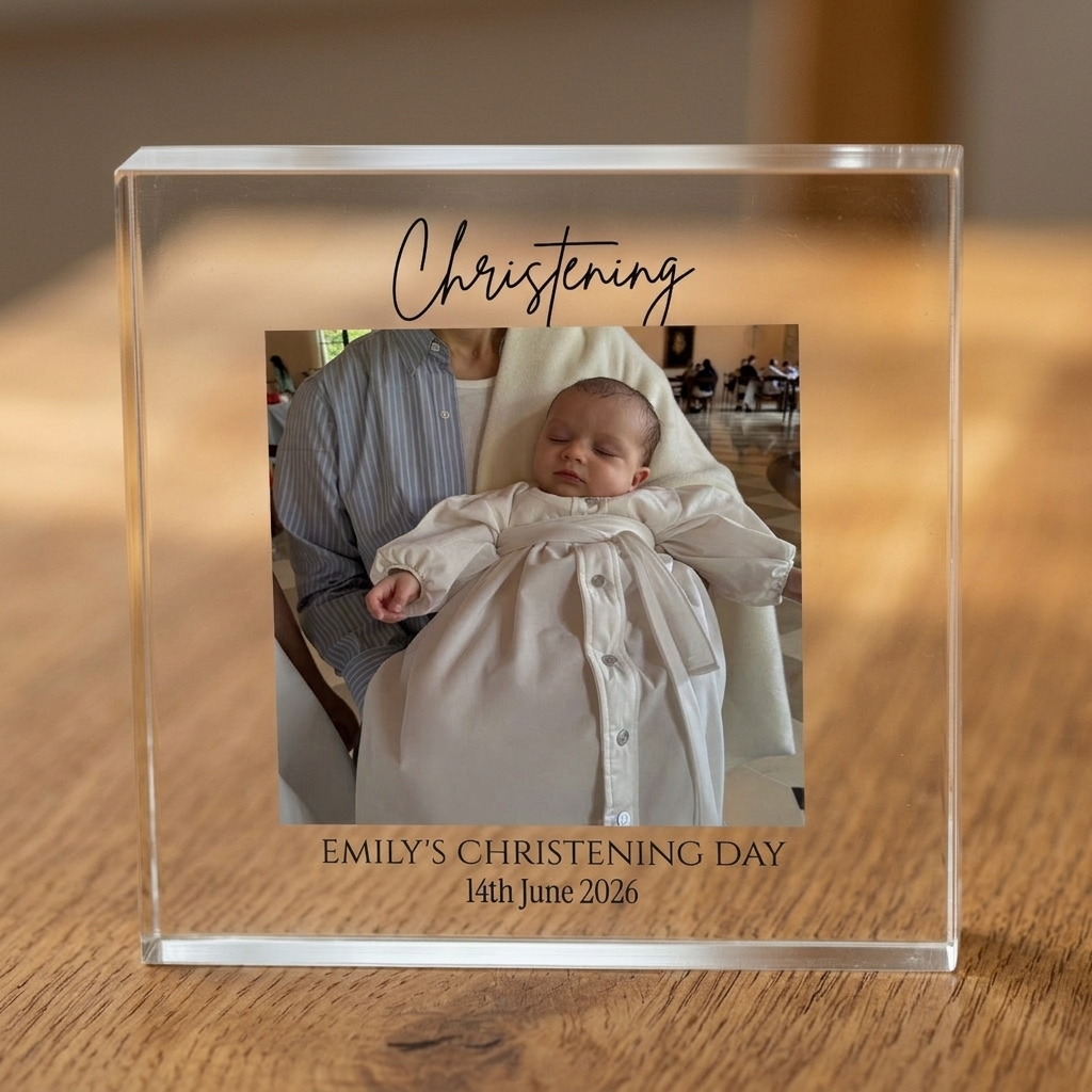 Close-up of Christening clear acrylic photo block