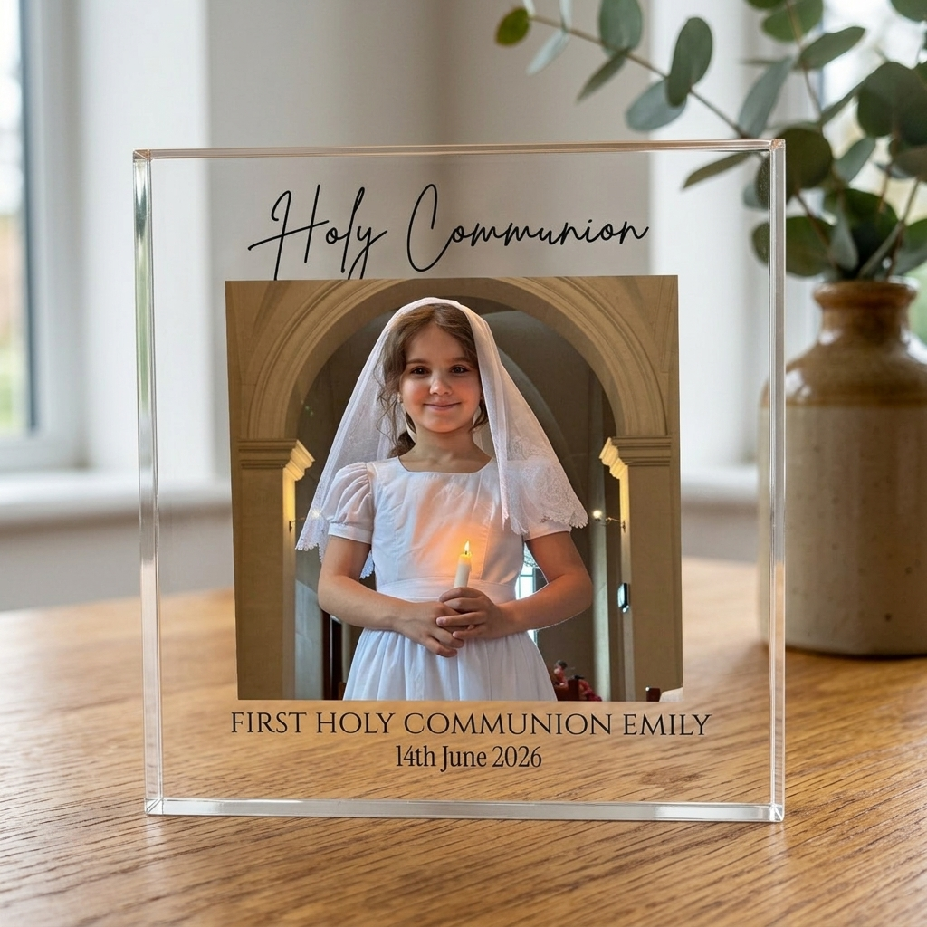 Personalised First Holy Communion clear acrylic photo block on oak table