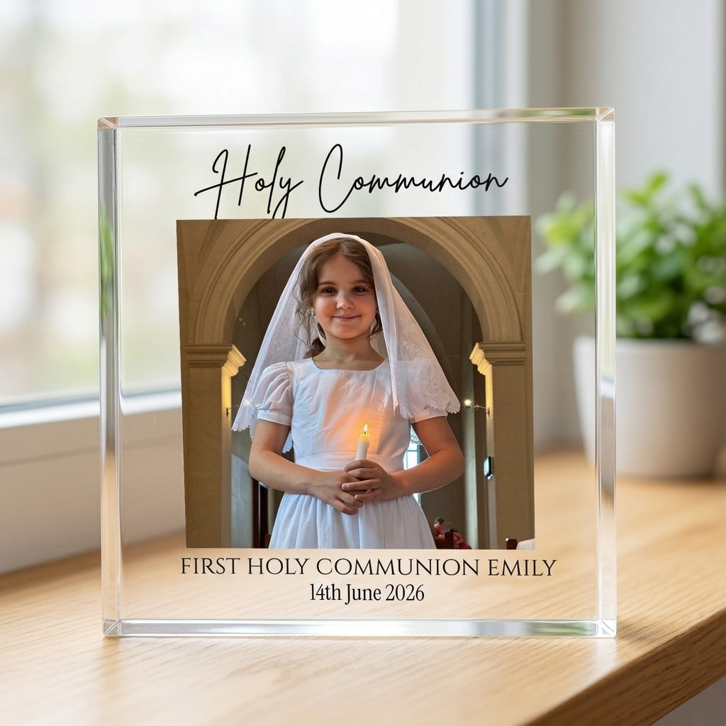 First Holy Communion acrylic photo block on windowsill
