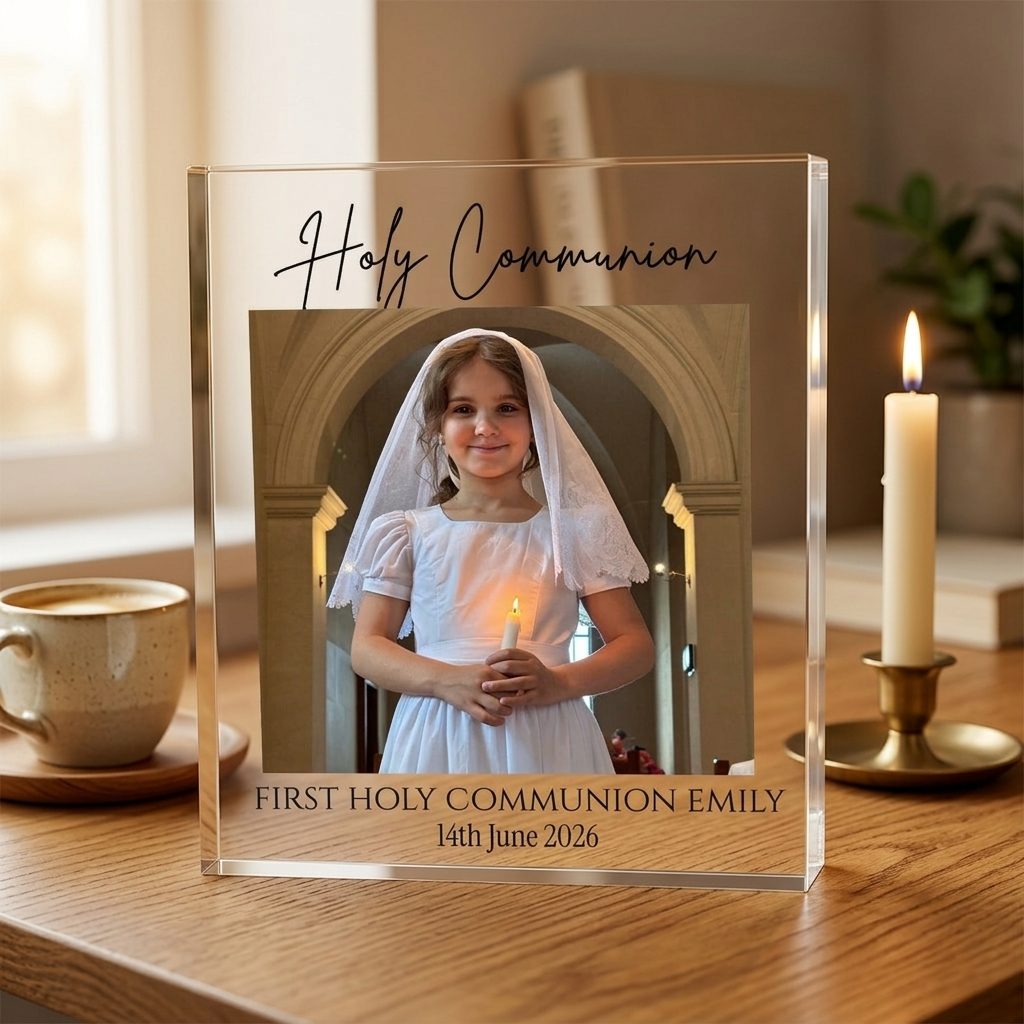 First Holy Communion acrylic photo block on desk with candle