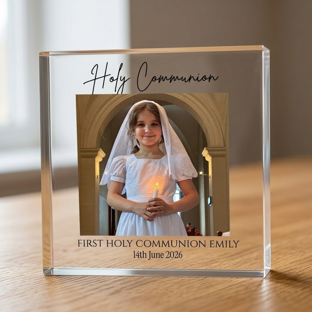 Close-up of First Holy Communion clear acrylic photo block