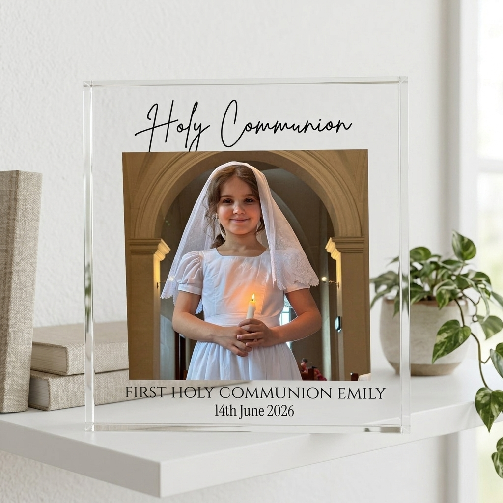 First Holy Communion acrylic photo block on white shelf