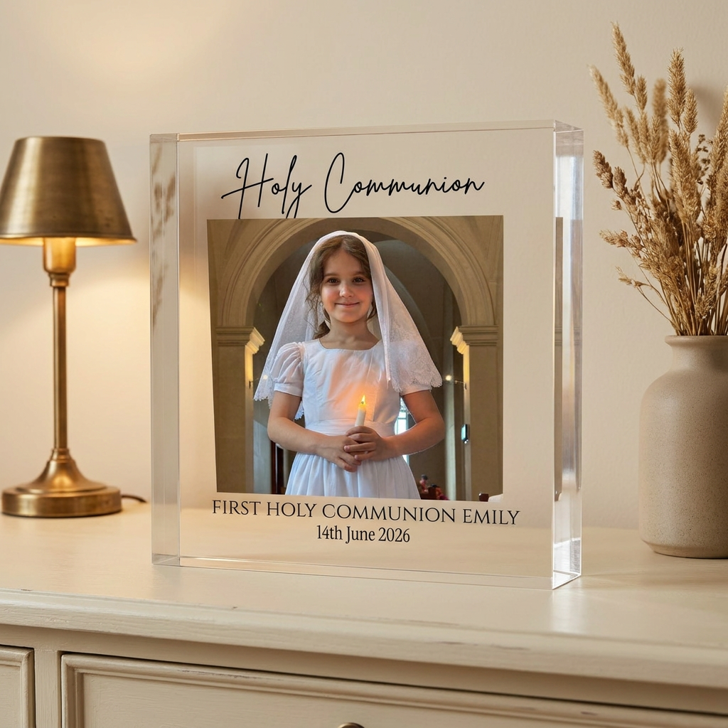 First Holy Communion acrylic photo block on console with lamp