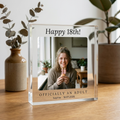 Personalised 18th Birthday clear acrylic photo block on oak table