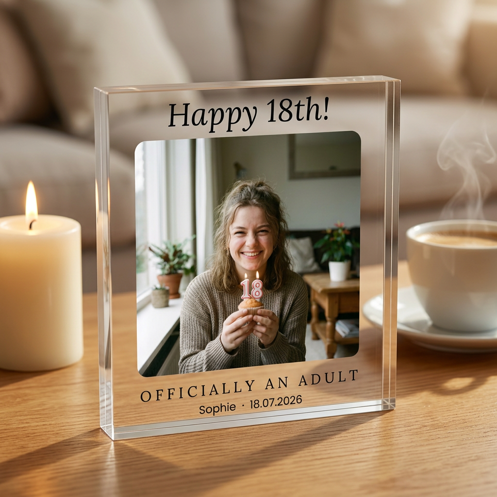 18th Birthday acrylic photo block on desk with candle