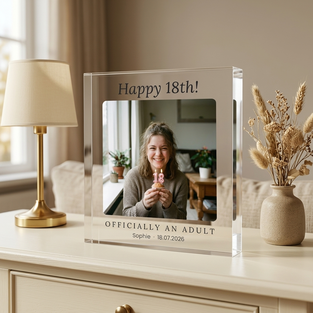 18th Birthday acrylic photo block on console with lamp