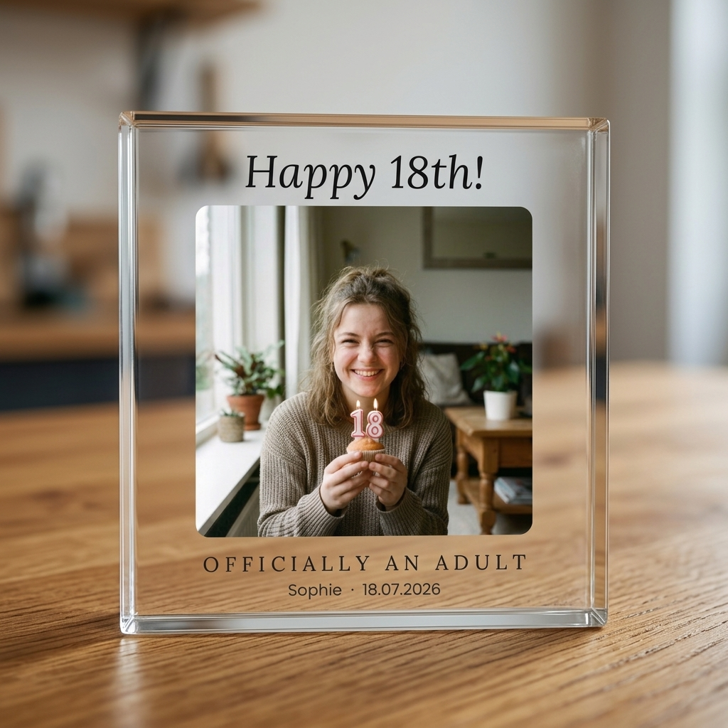 Close-up of 18th Birthday clear acrylic photo block