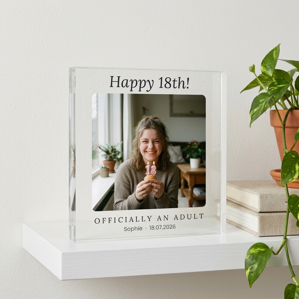 18th Birthday acrylic photo block on white shelf