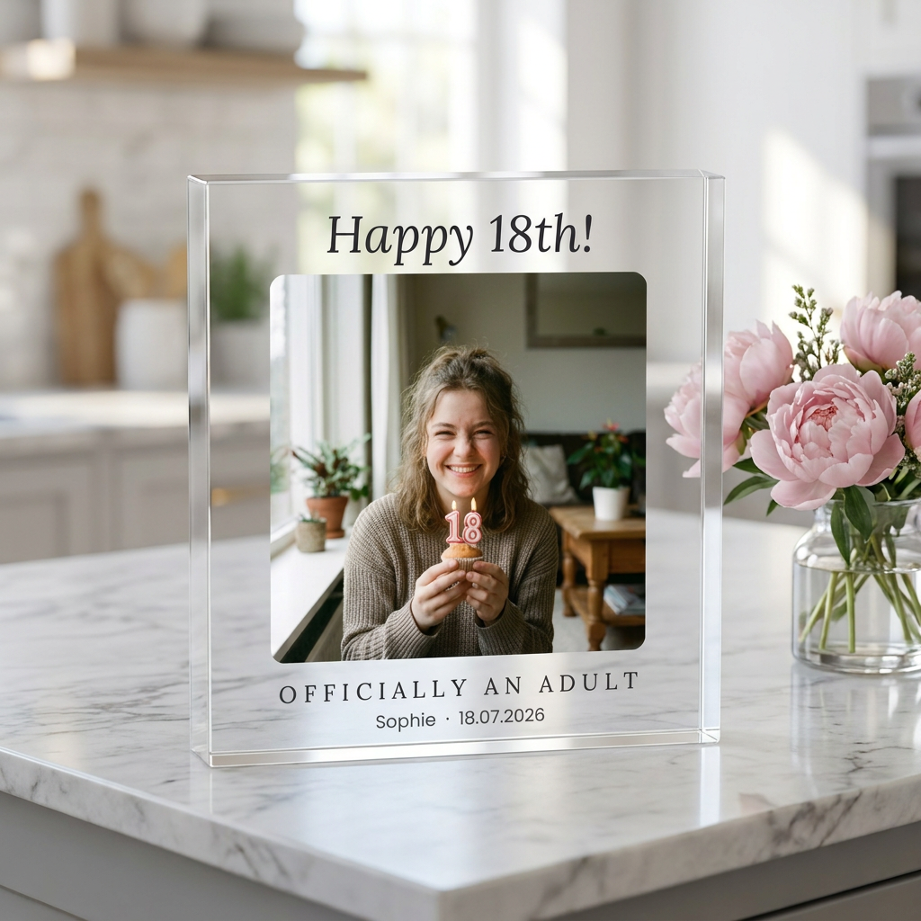 18th Birthday acrylic photo block on marble counter with peonies
