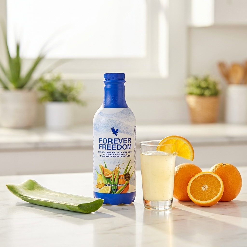 Forever Freedom aloe vera gel drink lifestyle kitchen scene with fresh oranges