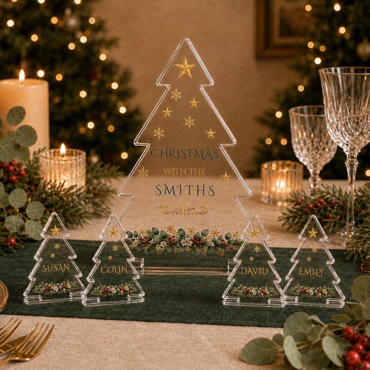 Personalised family Christmas tree place names set of five clear acrylic