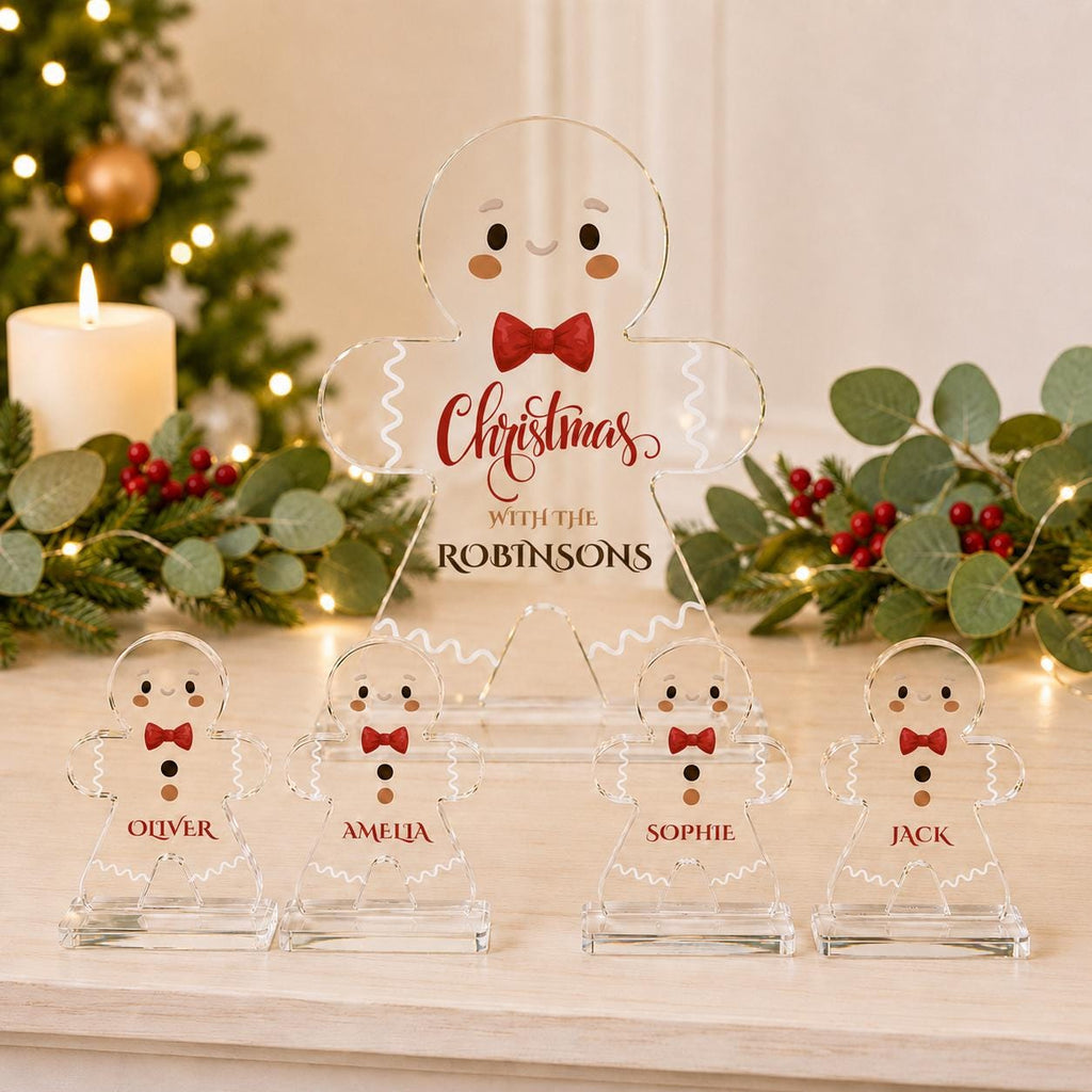 Personalised family gingerbread place names set of five clear acrylic
