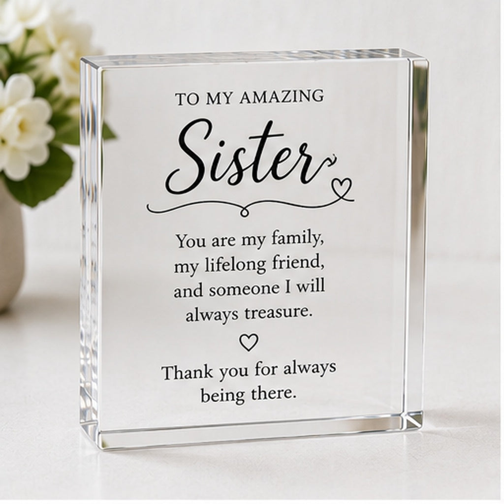 Personalised sister gift — clear acrylic keepsake block with sister verse, main view