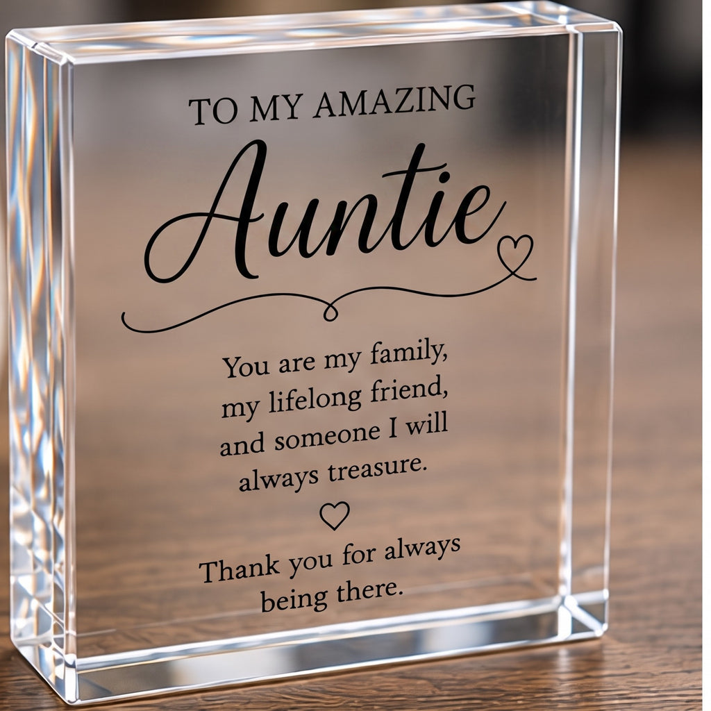 Personalised Auntie clear acrylic keepsake block with verse, freestanding on a wooden table