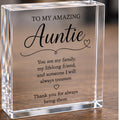 Personalised Auntie clear acrylic keepsake block with verse, freestanding on a wooden table
