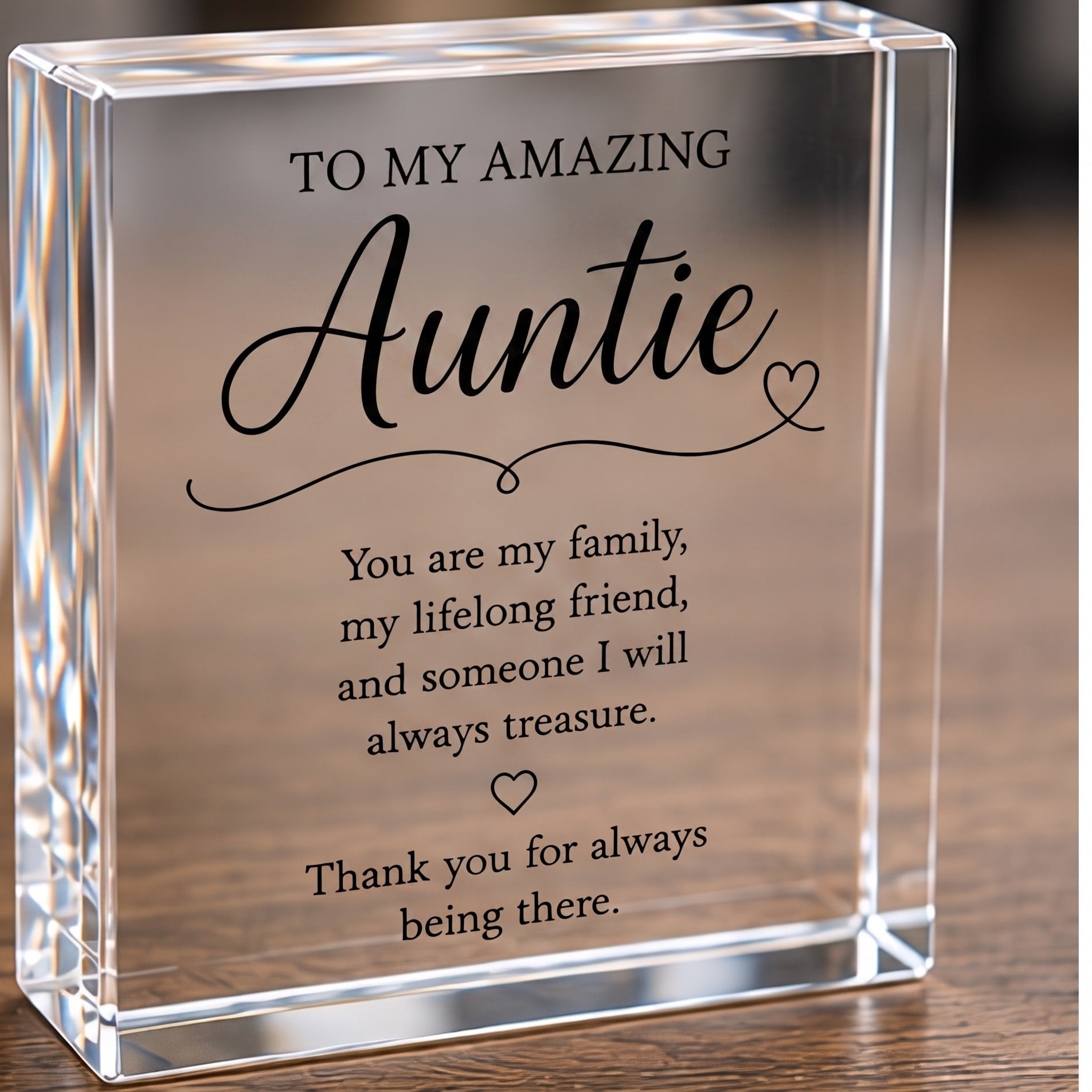 Personalised Auntie clear acrylic keepsake block with verse, freestanding on a wooden table