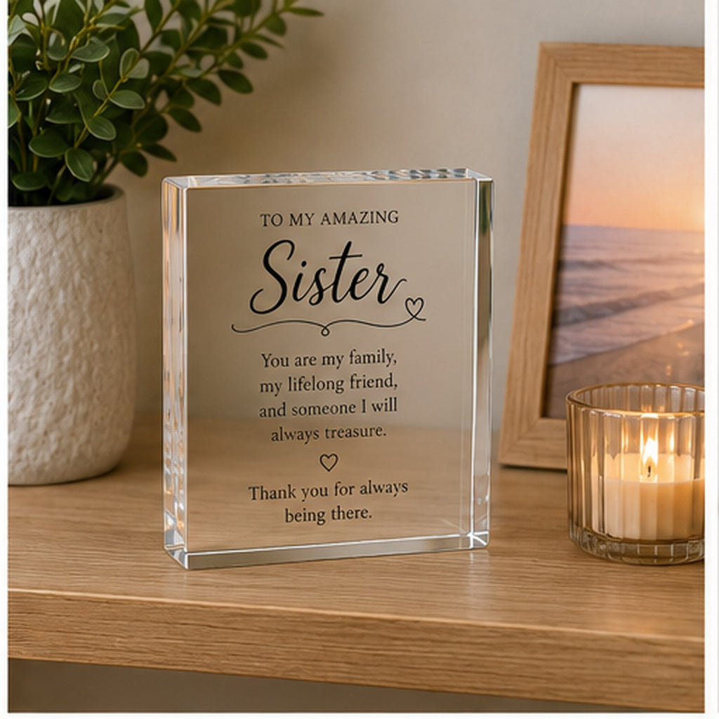 Acrylic sister keepsake block displayed on a shelf beside a candle and photo frame