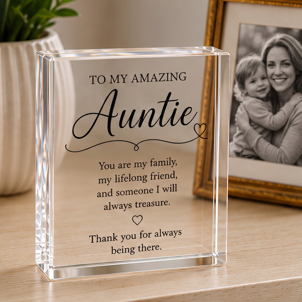 Auntie acrylic keepsake block styled on a sideboard beside a framed aunt and child photo