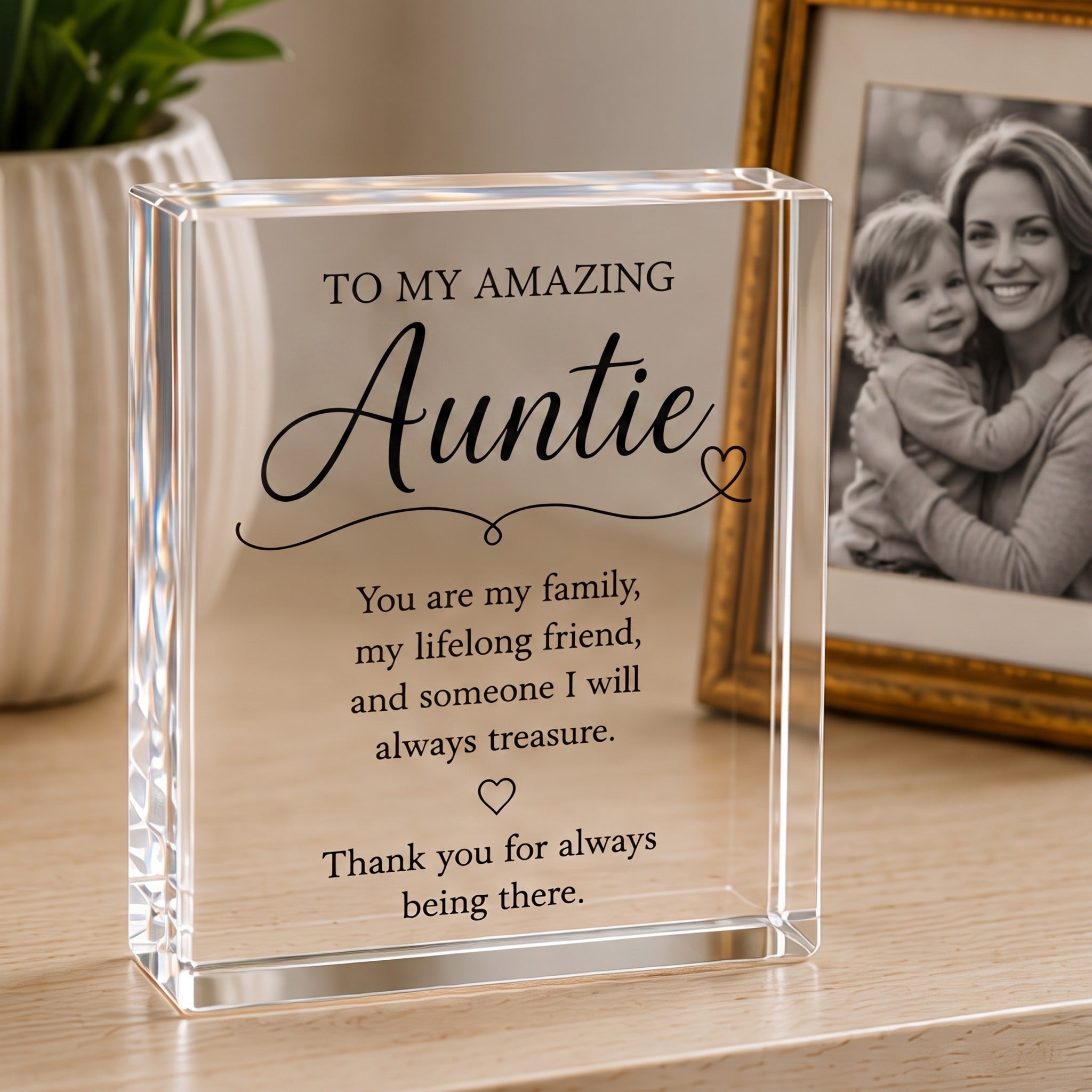 Auntie acrylic keepsake block styled on a sideboard beside a framed aunt and child photo