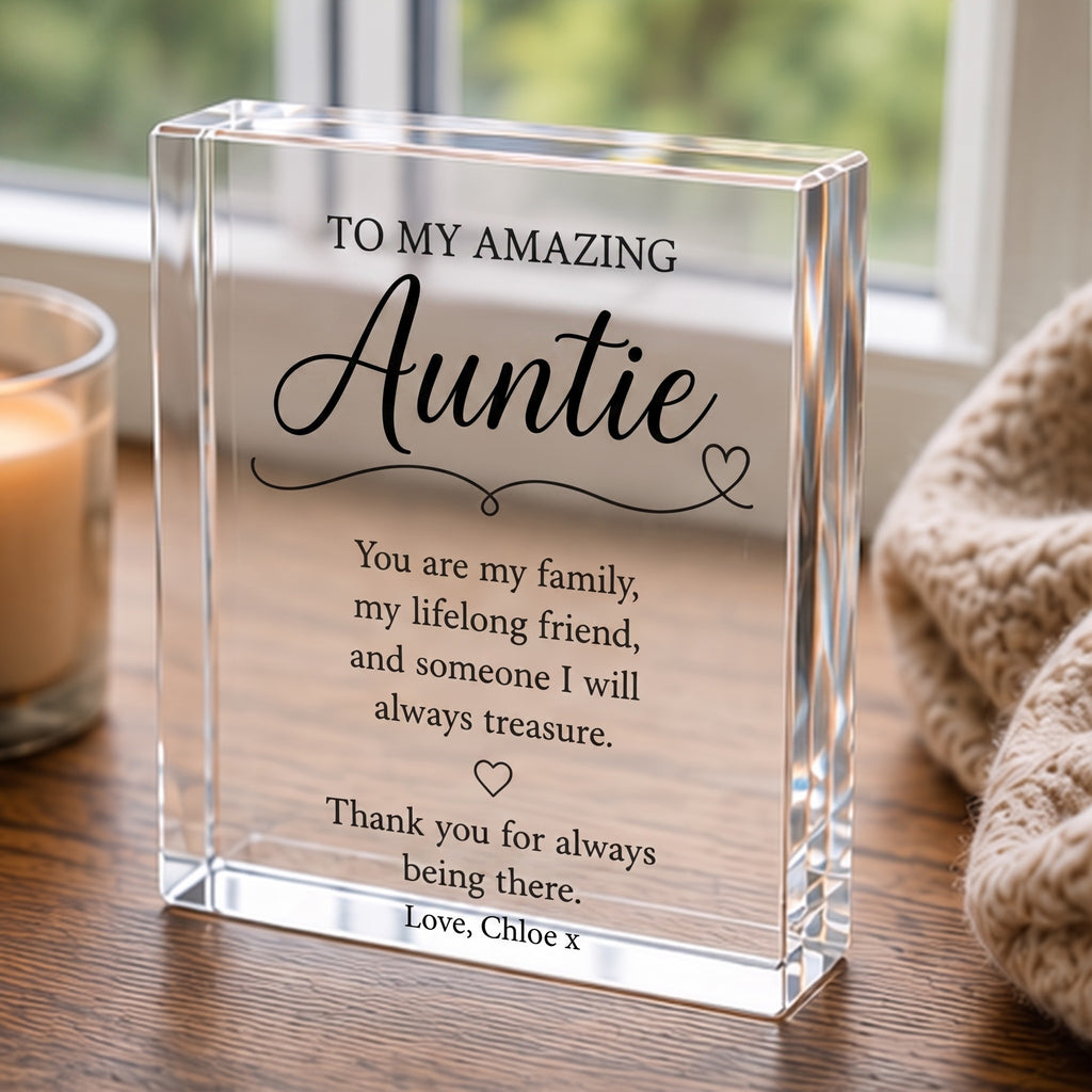 Auntie keepsake block on a windowsill showing personalised message Love, Chloe x