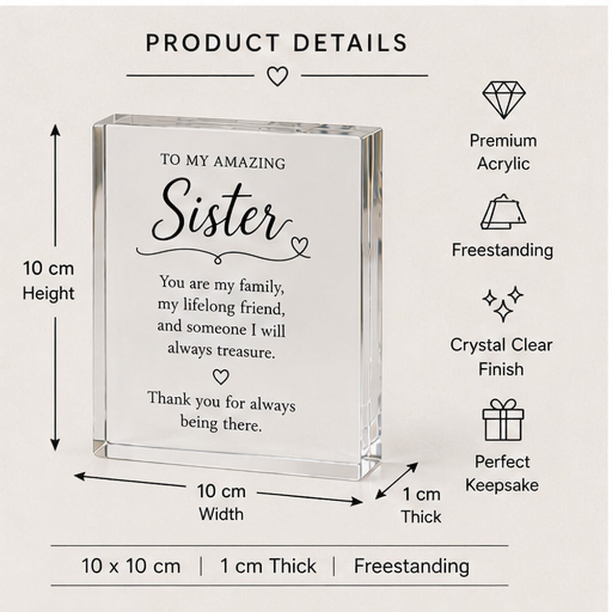 Product details — 10 x 10 cm, 1 cm thick freestanding premium acrylic block