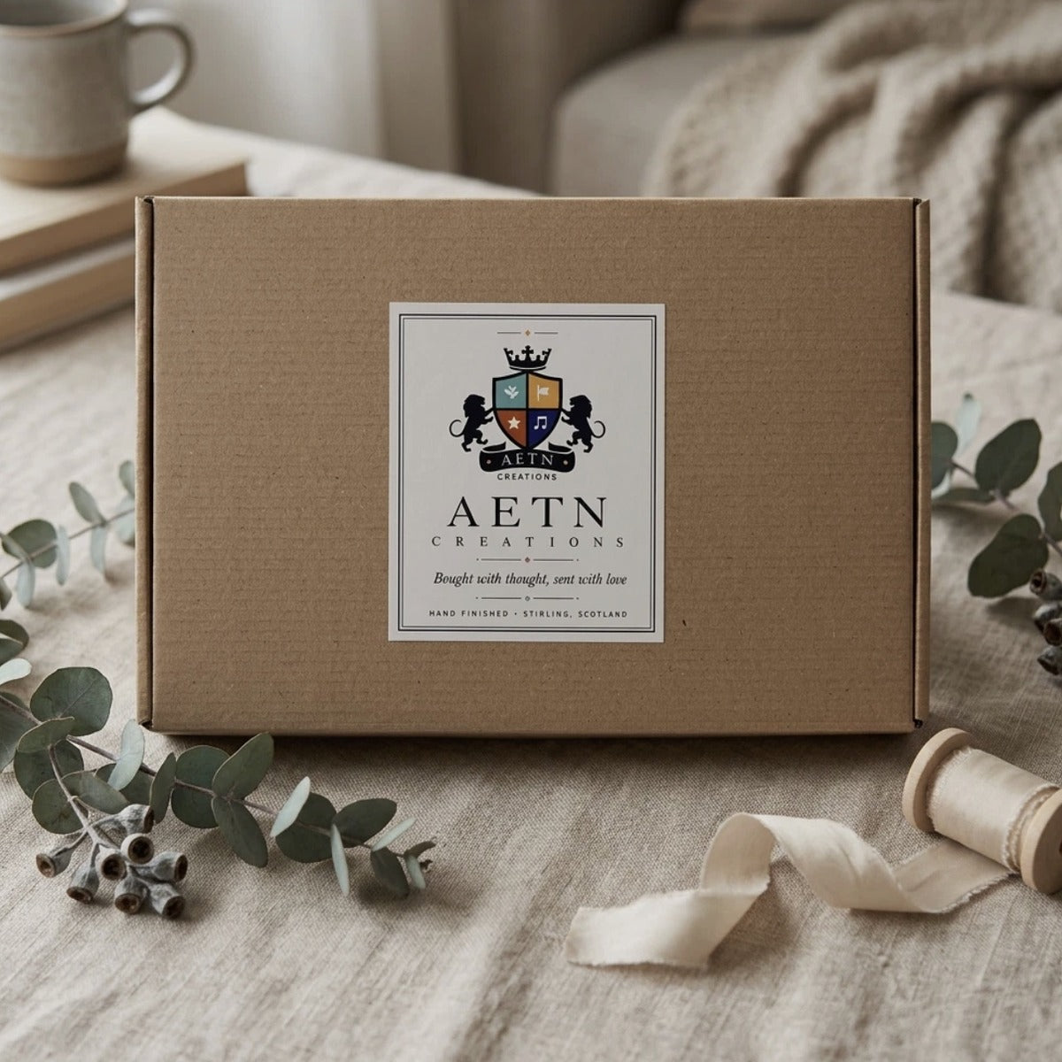 AETN Creations kraft gift box packaging — hand finished in Stirling, Scotland