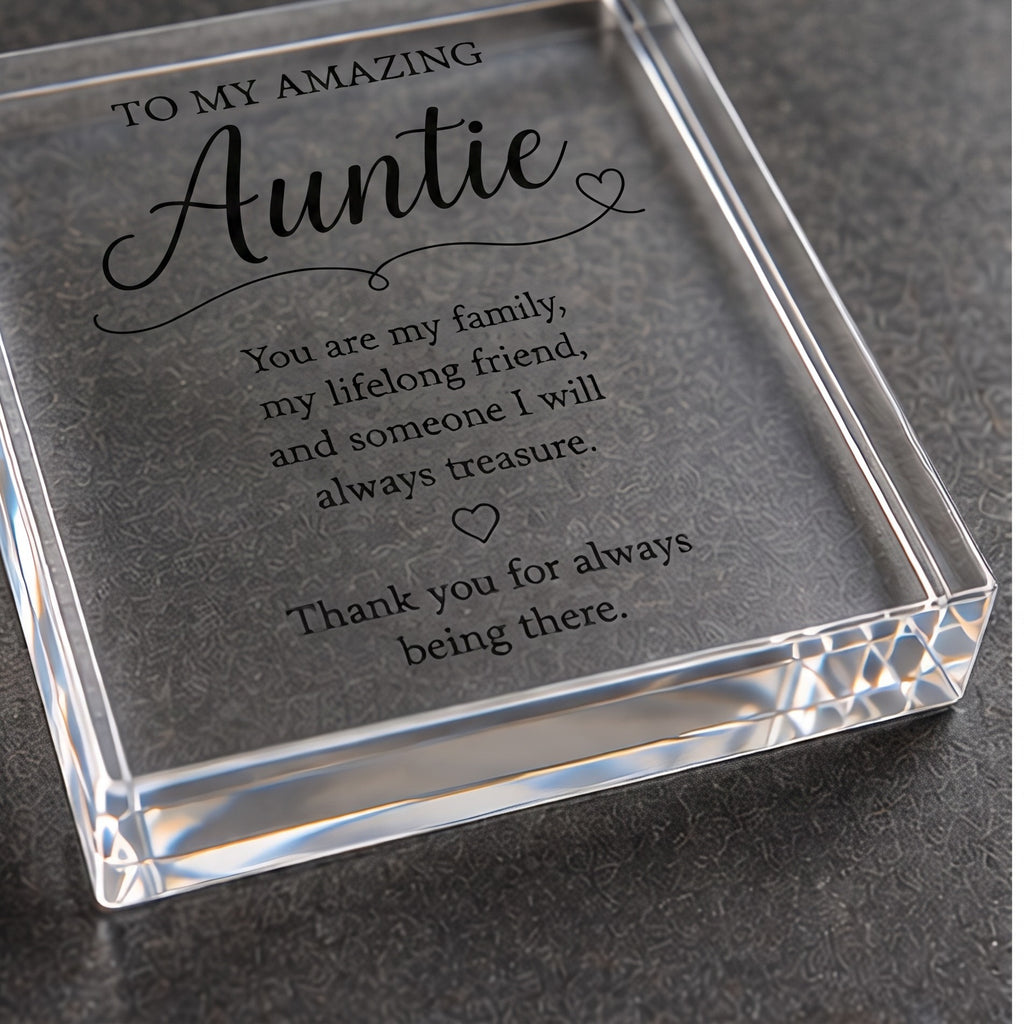 Angled detail view of the clear acrylic Auntie keepsake block