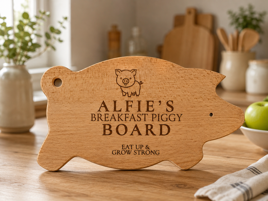 Pig breakfast board engraving detail