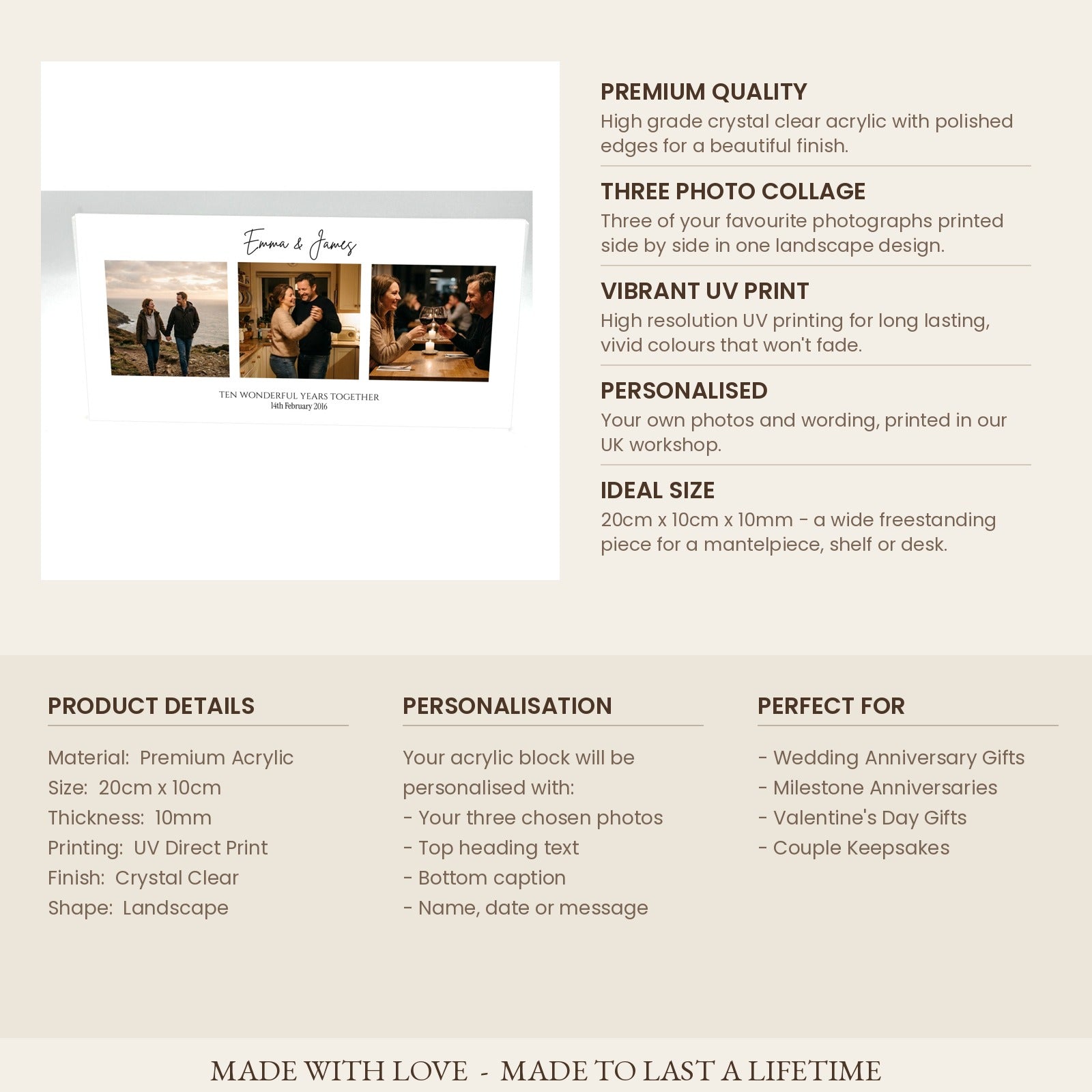 Product details card for anniversary photo collage acrylic block 20cm x 10cm x 10mm