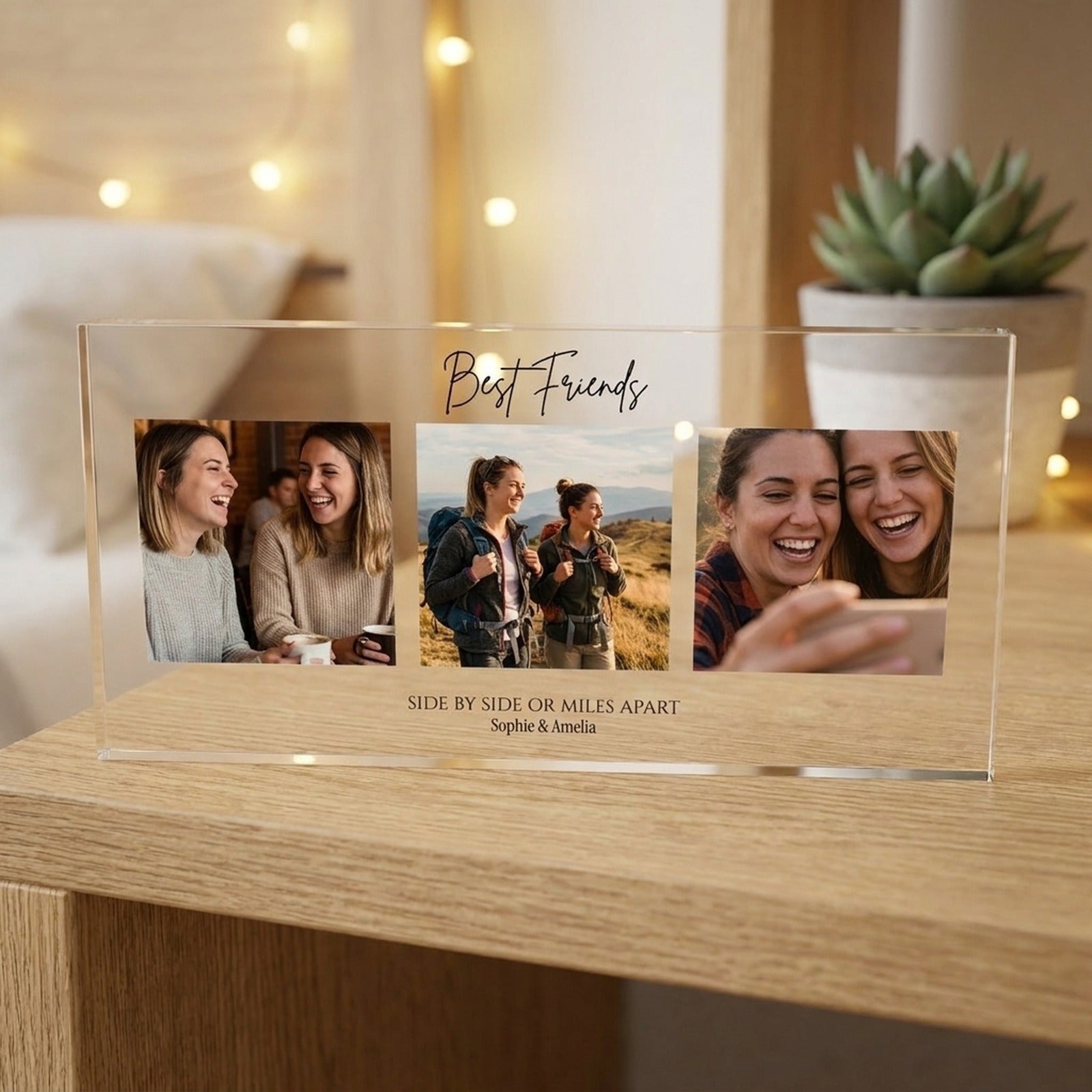 Best friends photo collage acrylic block displayed on a shelf with fairy lights