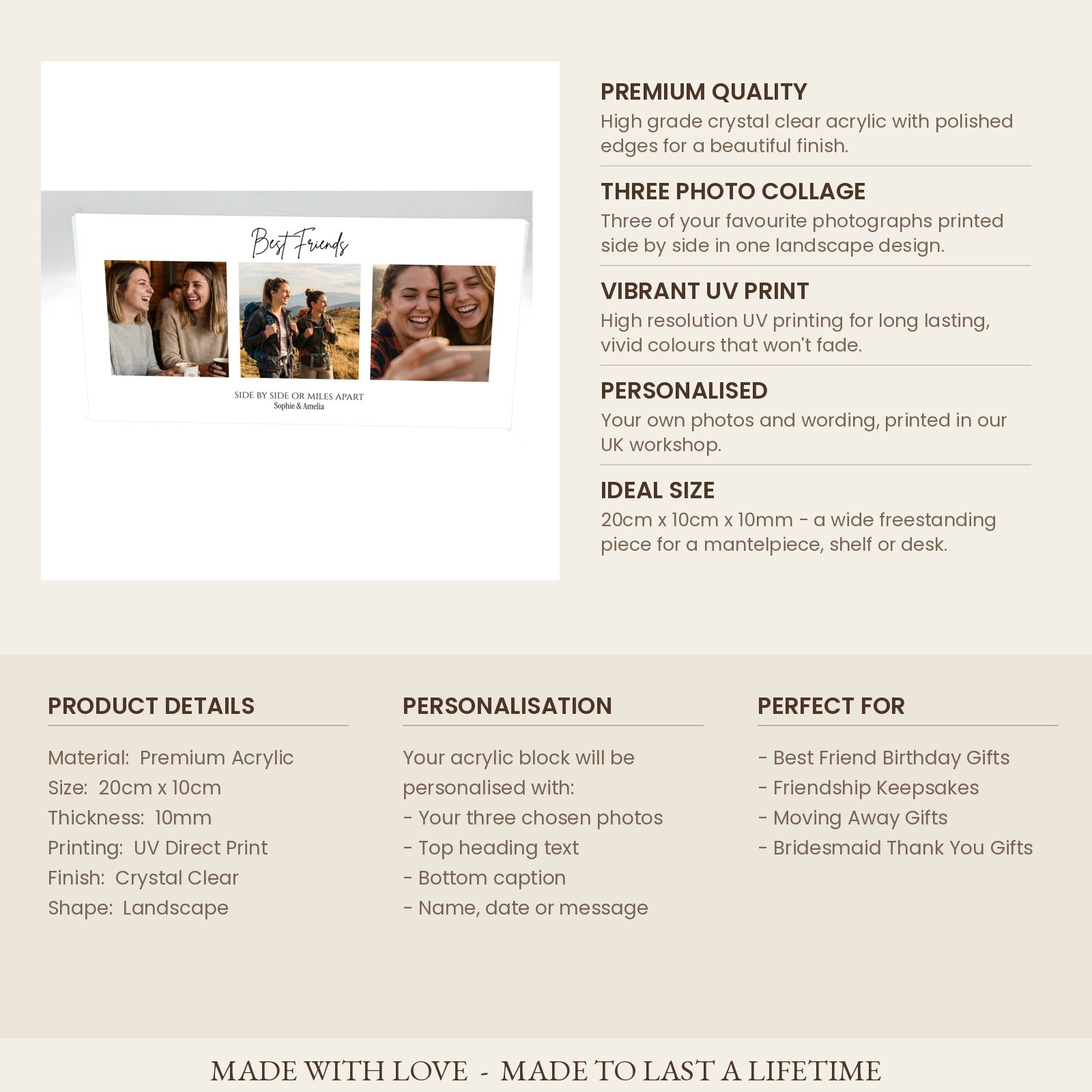 Product details card for best friends photo collage acrylic block 20cm x 10cm x 10mm